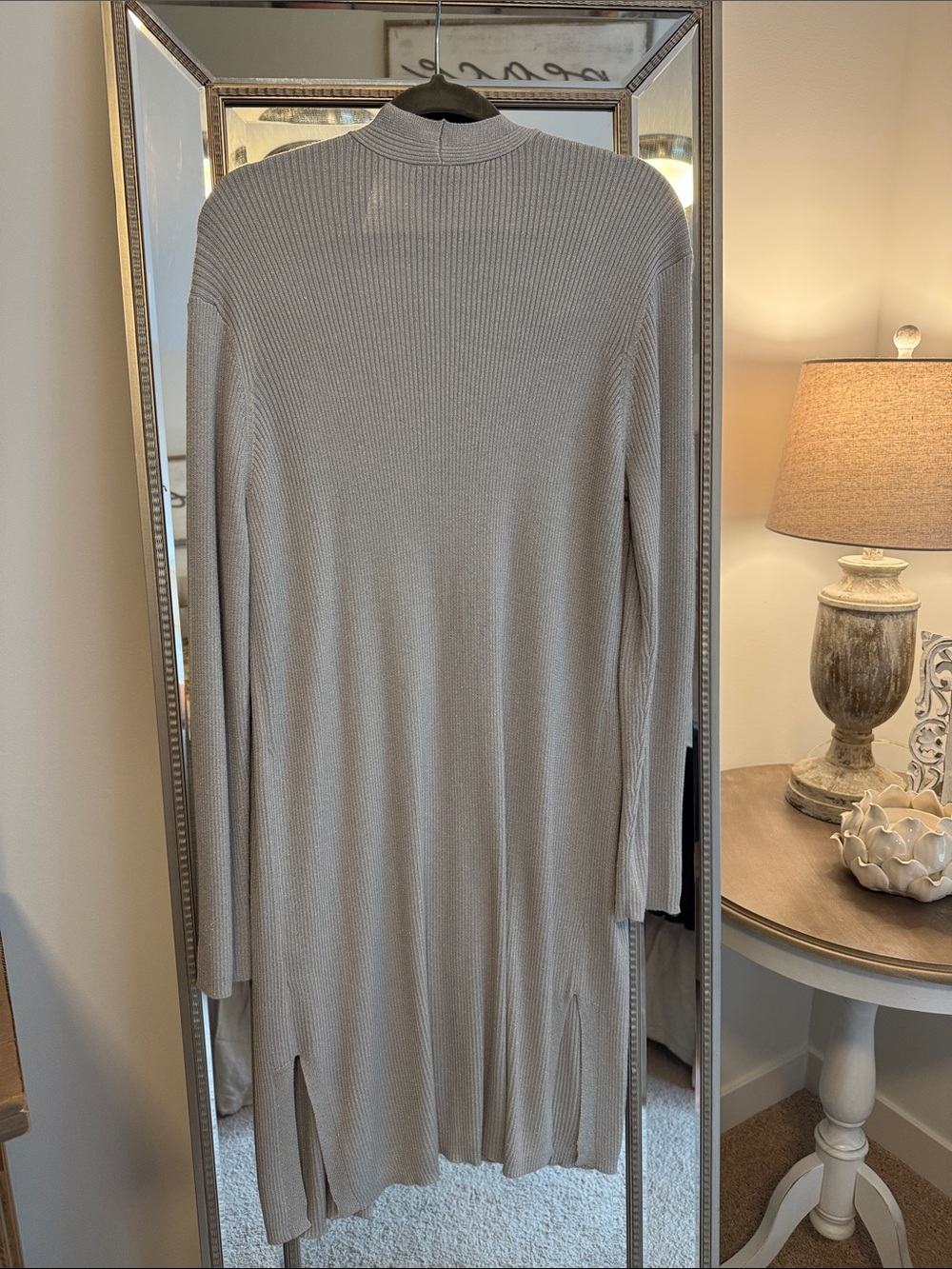 Vince Camuto Subtle Metallica Silver & Gray Open-Front Ribbed Long Cardigan - Picture 6 of 7